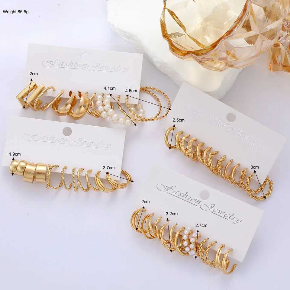 6/24 Pairs Gold Color Vintage Hoop Earrings Set for Women Girl Imitation Pearl Geometric Metal Twist Earring Fashion Jewelry XJ250623
