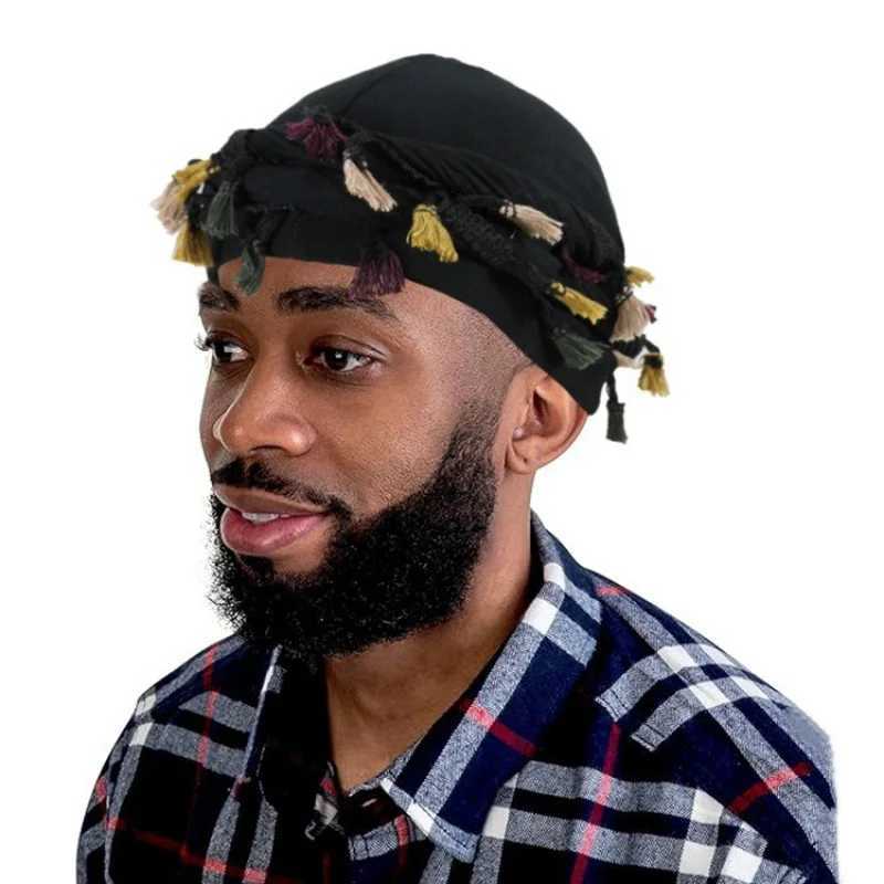 New Color Matching Beard Twist Turban Cap High Quality Satin Lining Durag Double-Layer Mens Woven Head Scarf Velvet Durags M250623