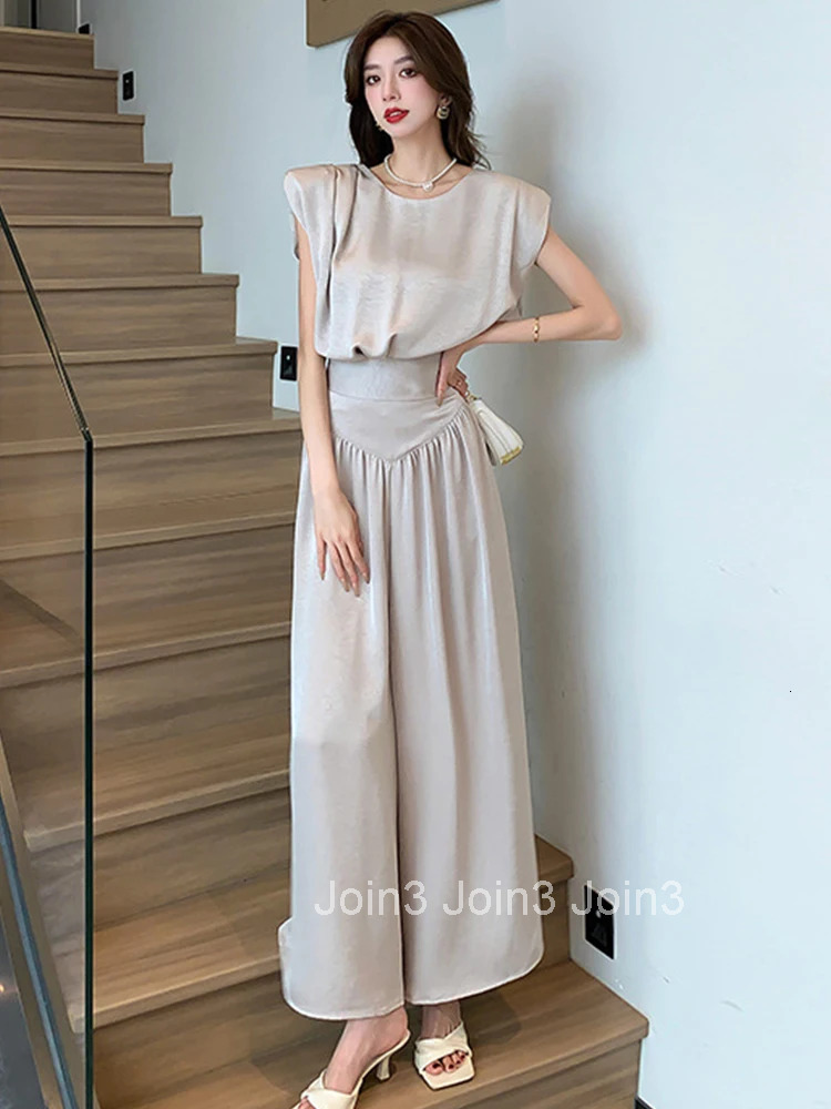 New Summer Elegant 2 Pieces Outfit Women Clothes Sexy O-Neck Tops Shirt Blouse High Waist Wide Leg Loose Long Pants Trousers Set