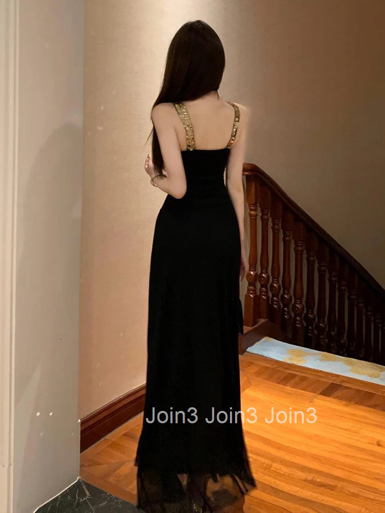 Women Clothes Retro Black Gold Sequin Sexy Strap Backless Slim A-Line Long Dress Elegant Fashion Evening Party Prom Vestido Robe