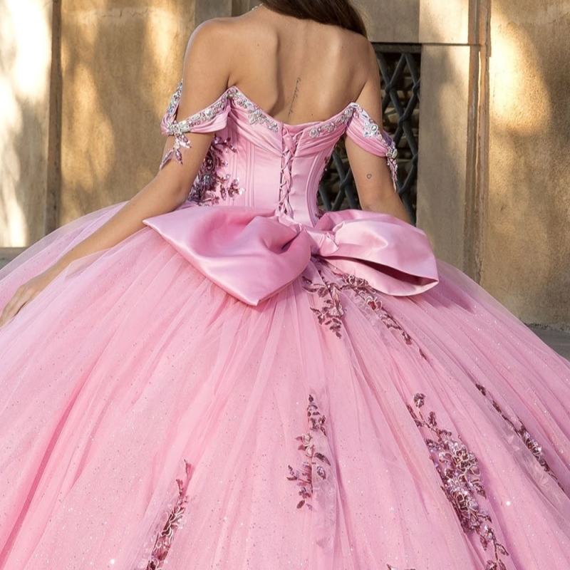Pink Shiny Ball Gown Quinceanera Dresses Floral Applique Beading Crystal Bow Tull Corset Sweet 16 Dress Vestidos De 15 Anos