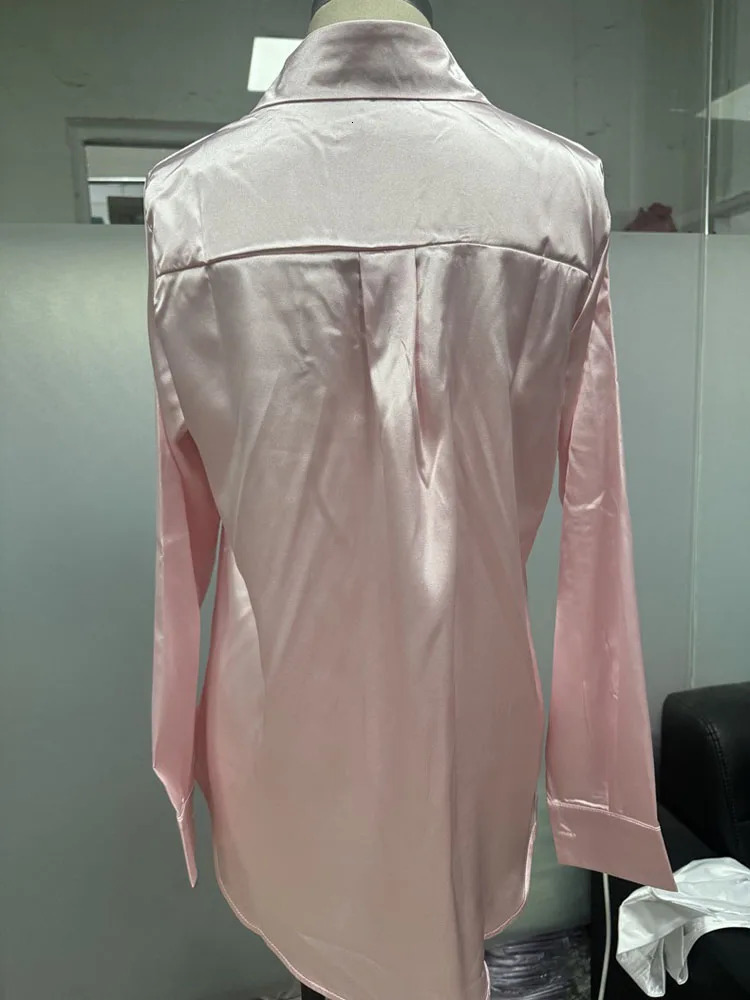 Womens Loose Satin Blouse Tops Summer Spring Turn Down Collar Button Long Sleeve OL Ribbon Blouse Shirts DFFS-A0060 250617