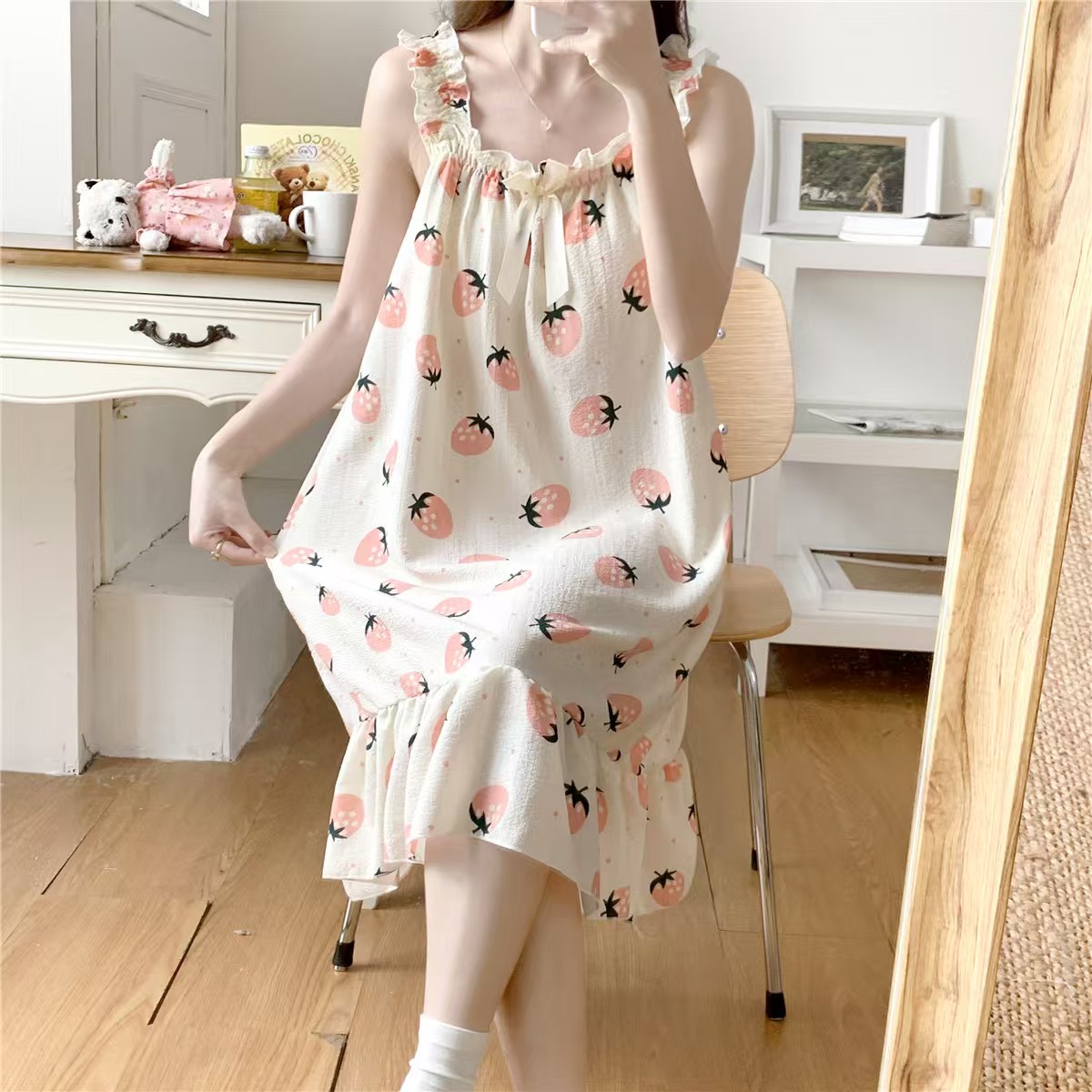 2025 women's models spring and summer sweet ins style halter mid-length loose nightgown female home dress