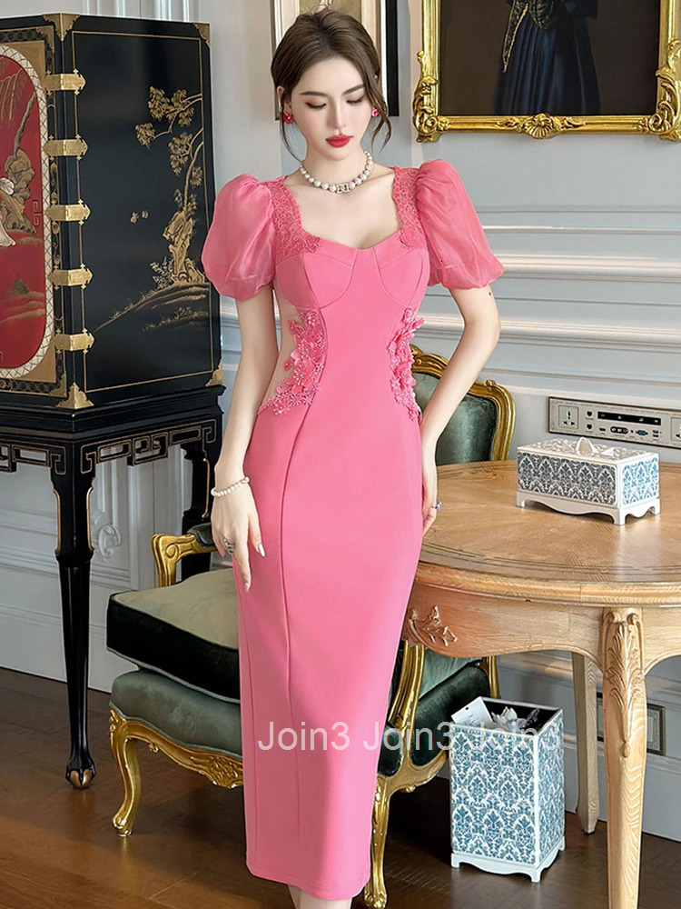 Summer Fashion Formal Occasion Evening Dress Women Clothing Elegant Luxury Sweet Sheer Sexy Puff Sleeve Slim Party Prom Vestidos