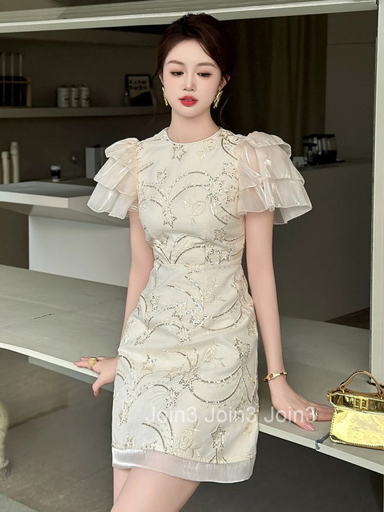 New Elegant Summer Fashion Sequin Sweet Evening Short Dress Women Bubble Sleeve Slim A-Line Party Prom Vestidos Street Clothes