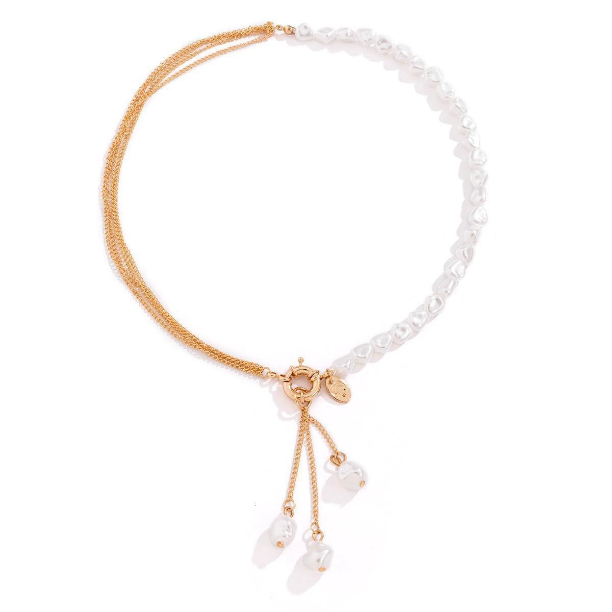 Asymmetrical irregular-shaped imitation pearl tassel necklace mixed with punk fine chain necklaces