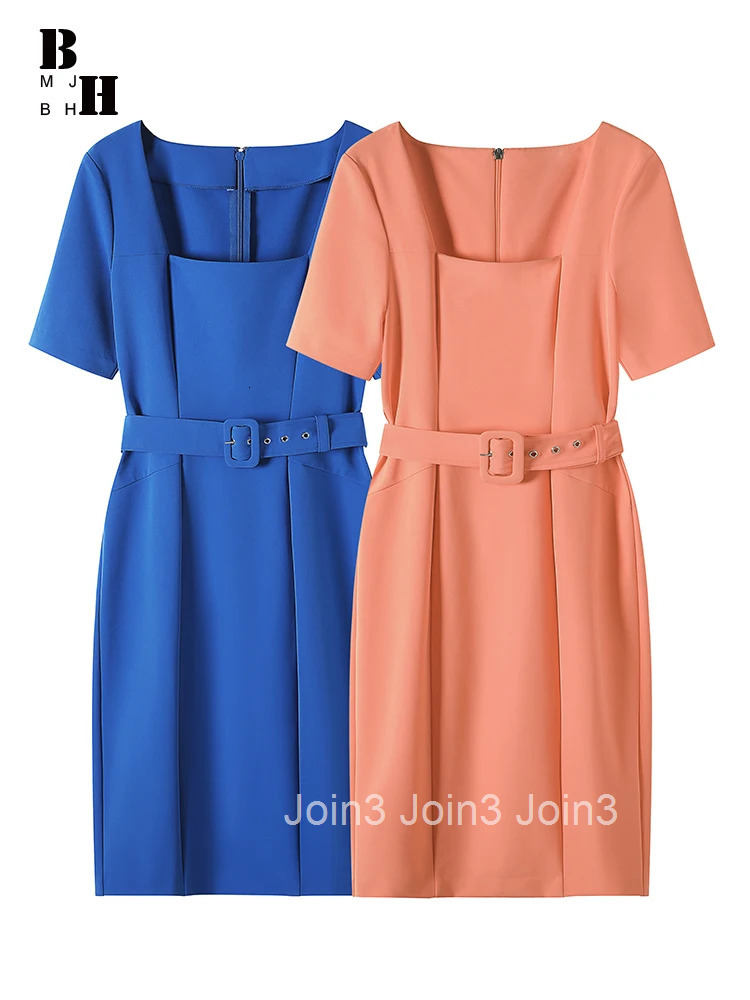 Summer Lady Work Style Formal Occasion Solid Pencil Dress Women Clothing Elegant Office Commute Square Collar Belt Slim Vestidos