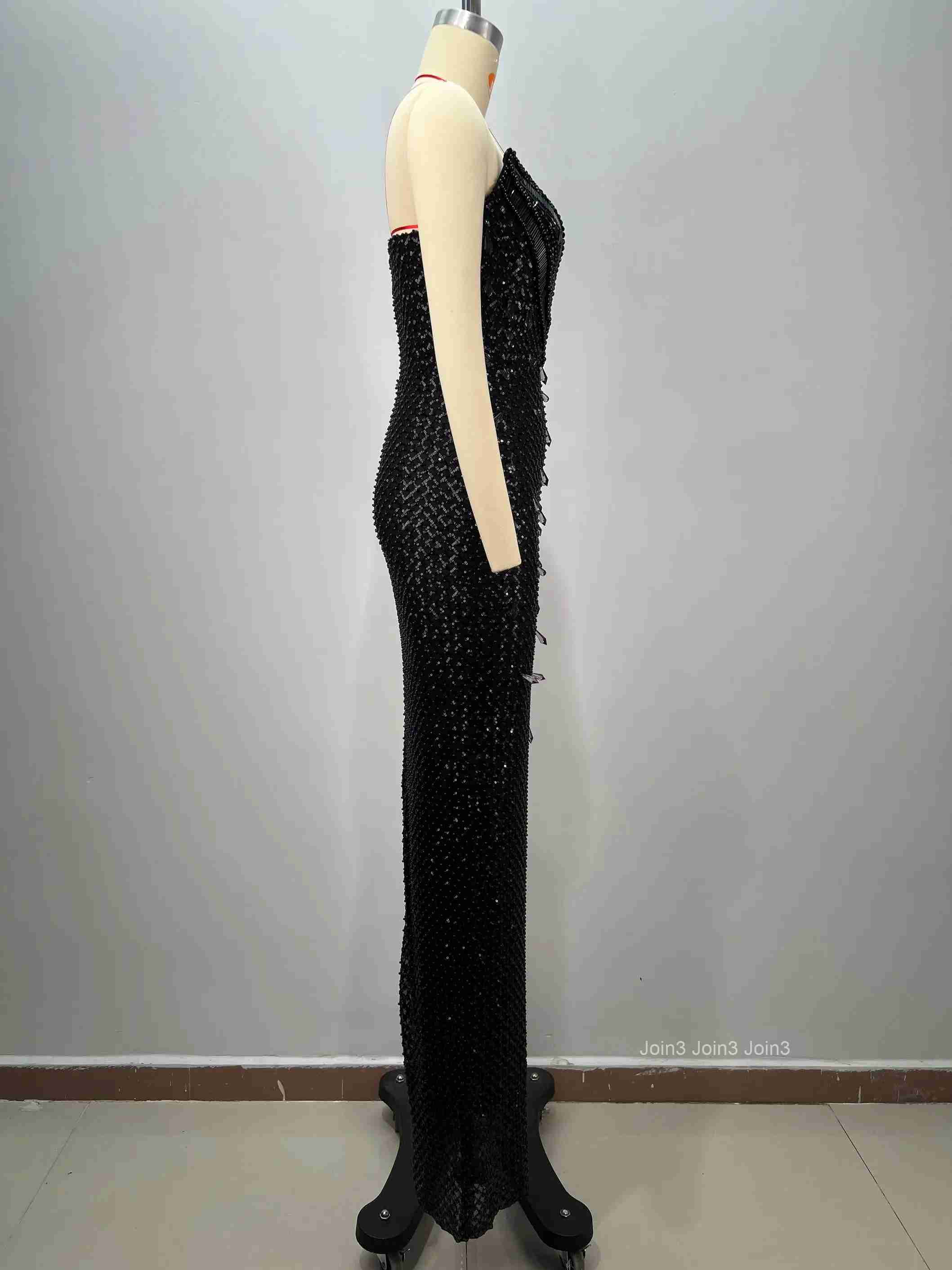 Womens Black Bandage Dress Sequin Glitter Strapless Bodycon Evening Gown with V Neck Beading Mermaid Hem