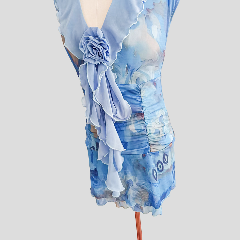 Blue Floral Print Dress with Ruffled V - neck and Chiffon Flower, Women's Party Style