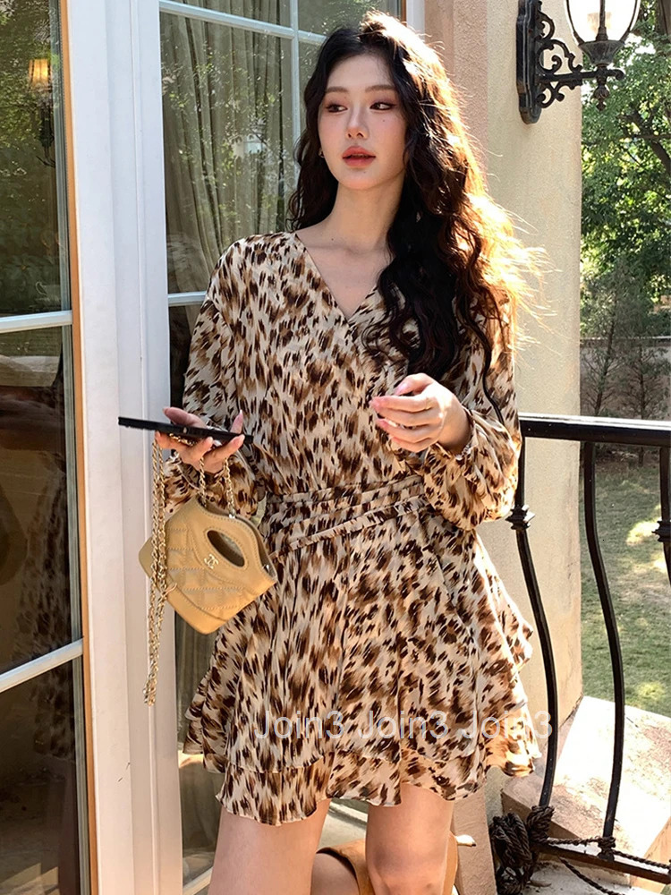Vintage Sweet Leopard Print Temperament Holiday Dress 2025 Retro Casual Long Sleeve Ball Gown Female Beach Street Vestidos Lady