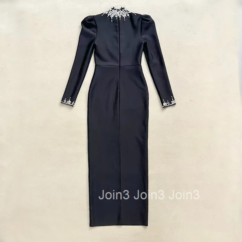 2025 Trendy Black Long Dress High Neck Jeweled Tailored Long Sleeve Evening Formal Gala Dress with Hem Slit Elegant