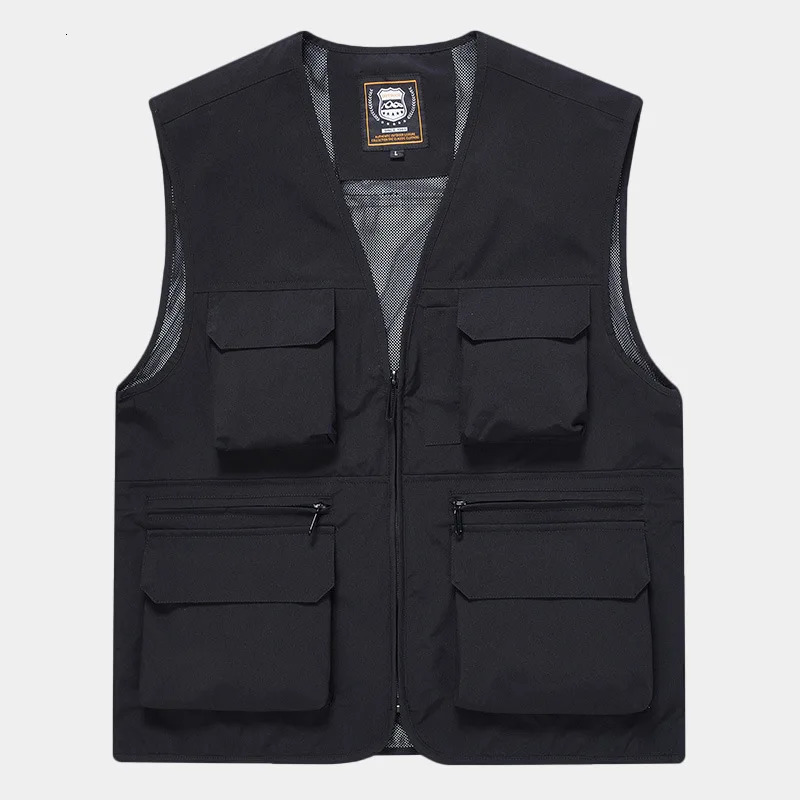 FGKKS Mens Fashion Vest Solid Color Tooling Style Waistcoat Thin Multi-Pocket Casual Loose Vest for Men 250617