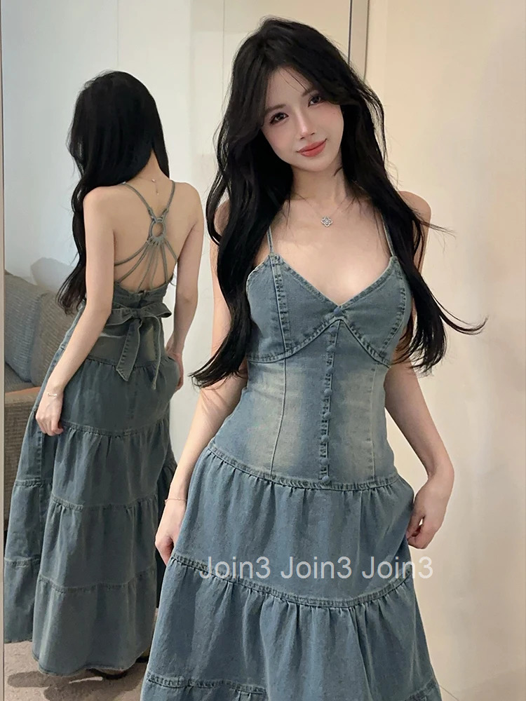 Women Clothes Y2K Denim Sexy Strap Backless Slim Maxi Long A-Line Dress Elegant Fashion Party Prom Vestido Robe Beach Casual New