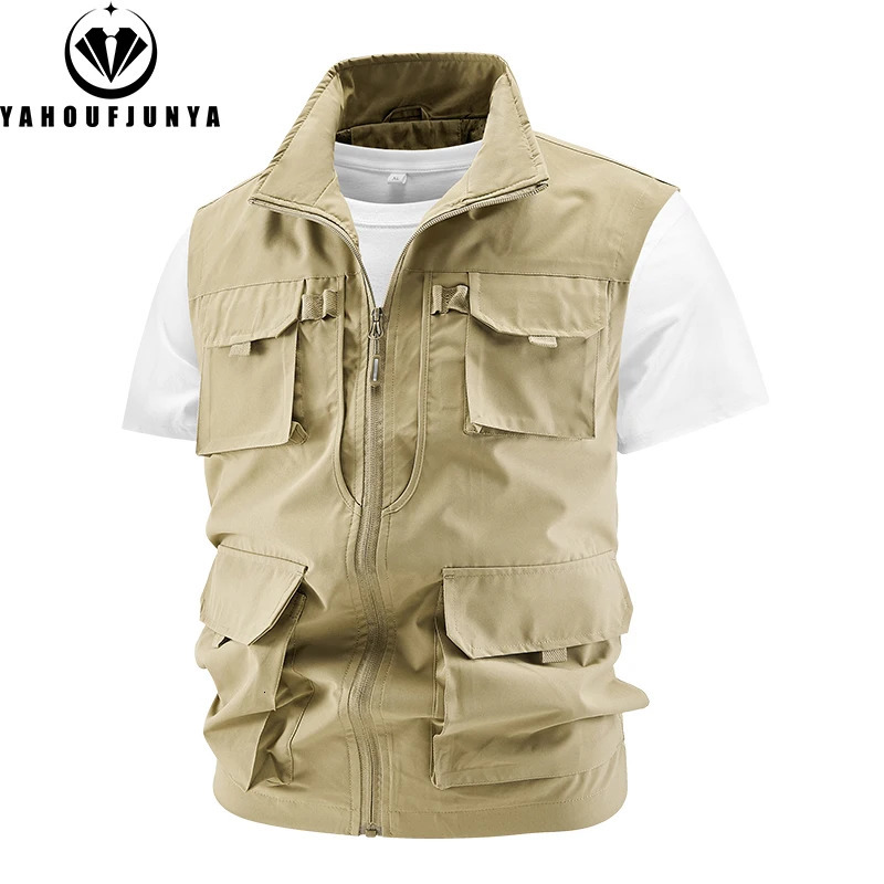 Summer Men Fishing Multiple Pockets Solid Stand Collar Vest Men Sleeveless Outdoor Casual Breathable Zipper Vest Male Coat 250617