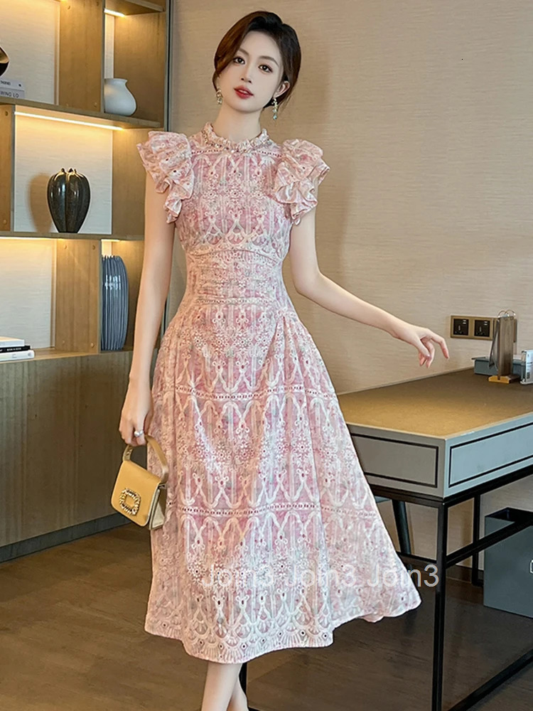New Summer Sweet Casual Flower Embroidery Vacation Dress Women Clothes Ruffle Sleeve Slim Midi A-Line Robe Party Prom Vestidos