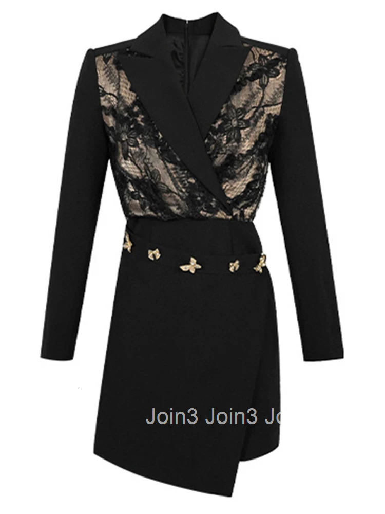 New Autumn Black Formal Occasion Asymmetrical Short Dress Women Clothes Commute Elegant Lace Patchwork Long Sleeve Slim Vestidos