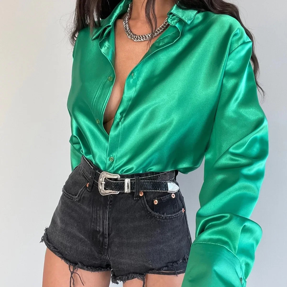 Sexy Professional Long Sleeve Satin Finish Single Button Shirt Womens Fashionable Business Shirt T-Shirt Female Clothing 250617
