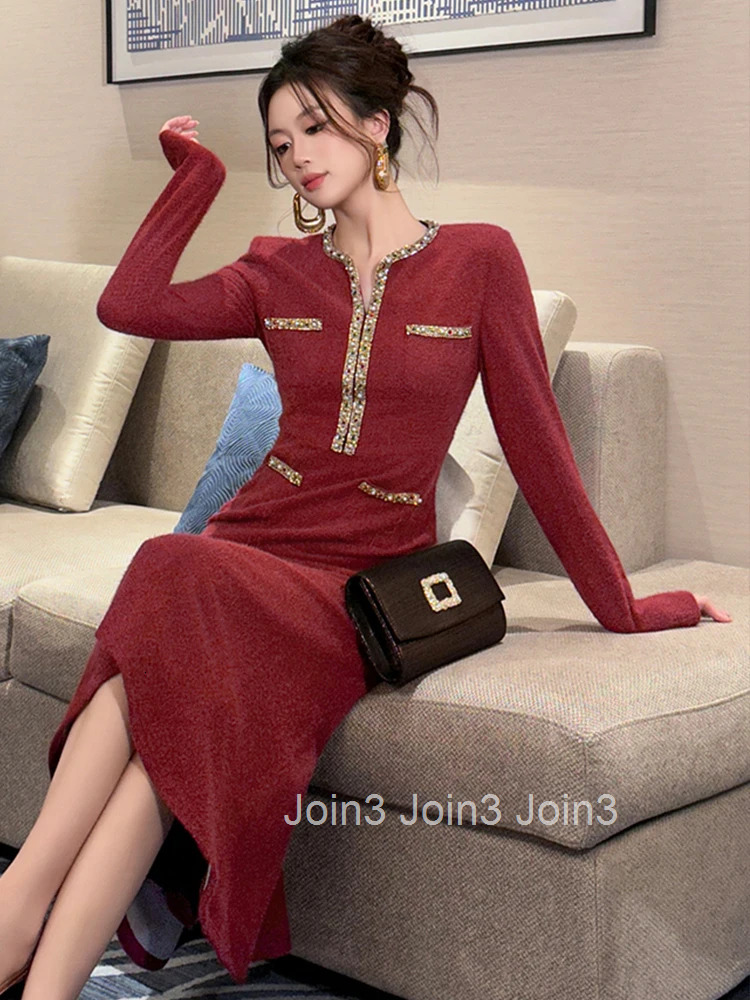 Women Clothes Retro Diamonds V-Neck Slim Midi Fishtail Dress Elegant Luxury Fashion Evening Party Prom Vestidos Robe Casual New