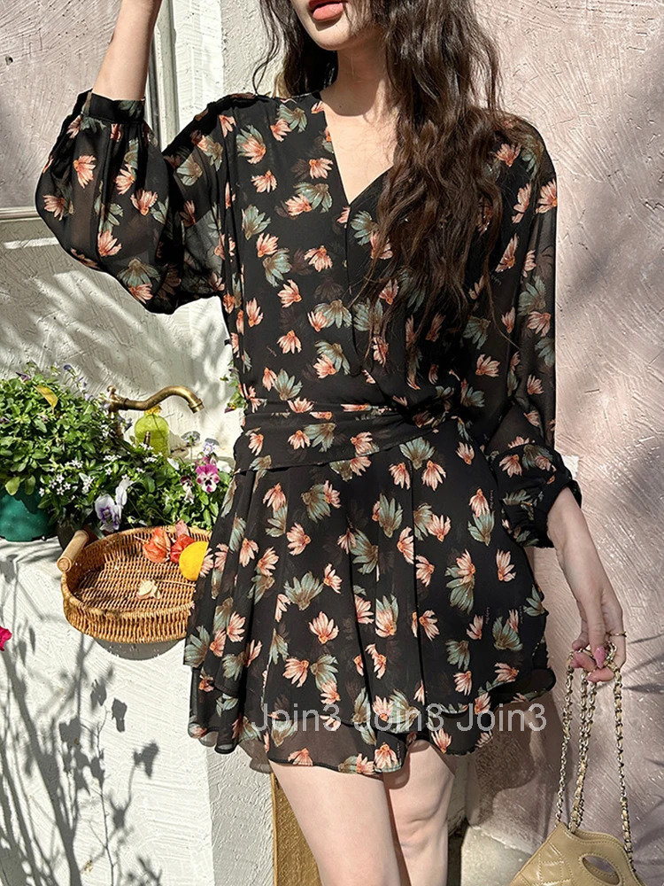 Women Vacation Clothes Sweet Chiffon Floral Print V-Neck Slim Mini Short A-Line Dress Elegant Fashion Party Vestidos Casual New