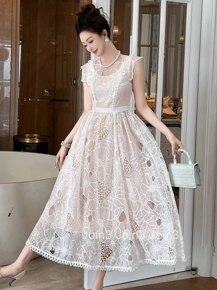 Summer Fashion Lace Floral Embroidery Vacation Evening Dress Women Clothes Elegant Tank Slim A-Line Maxi Robe Party Prom Vestido