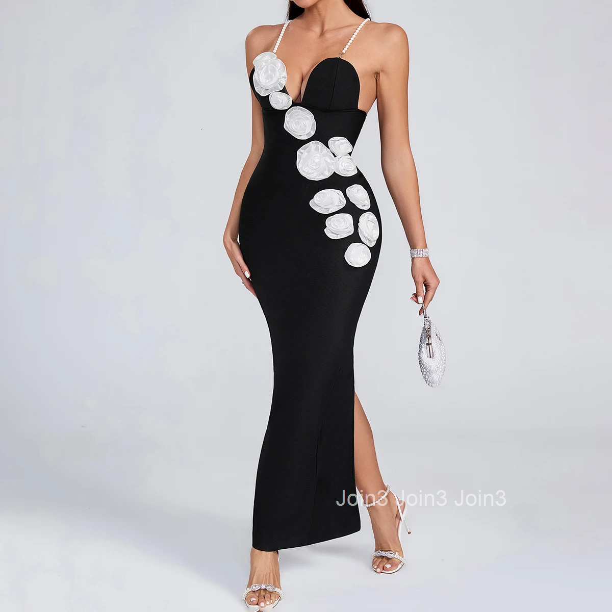 Chic Bandage Dress For Women Fashion Three-dimensional Flower Decoration Vestidos Sexy Deep V-neck Backless Cocktail Pary Wear