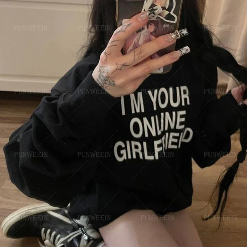 Goth Letter Print Hoodies Women Harajuku Loose Long sleeved Pulllover Vintage Punk Sweatshirt Casual Hoody Anime Y2K Clothes 250617