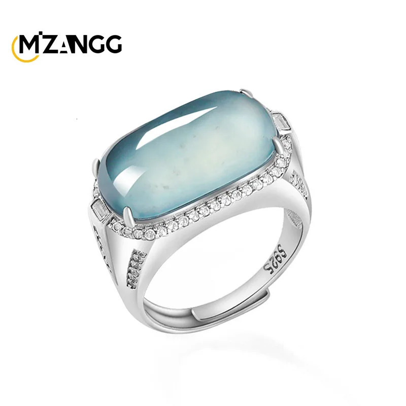 Natural A Goods Jadeite Blue Water Saddle Ring S925 Silver Inlaid Ice Kind of High-grade Fashion Mens Adjustable Jade Ring Gift 250617