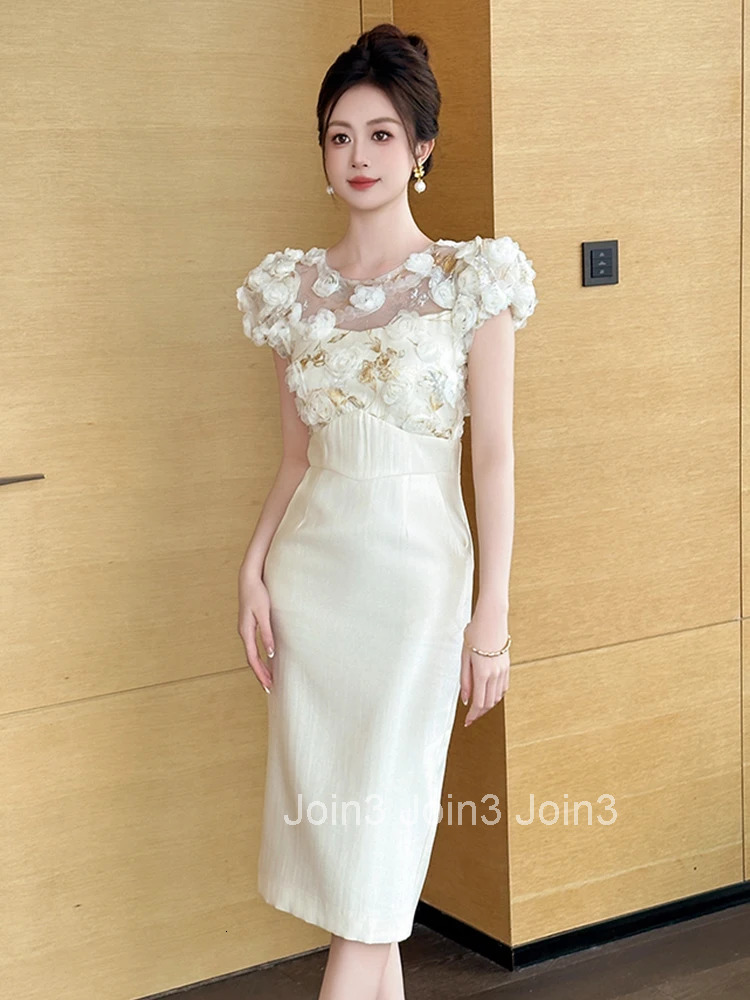 New Summer Fashion Flower Sheer O-Neck Evening Dress Women Clothes Elegant Luxury Sweet Puff Sleeve Slim Midi Party Prom Vestido