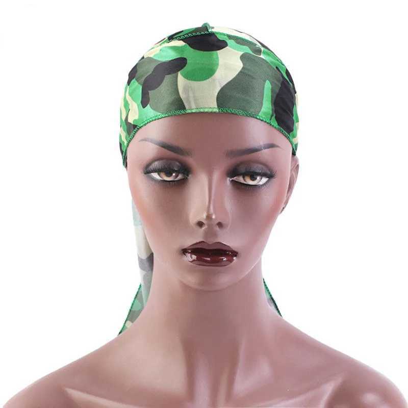 Unisex Long Tail Imitated Silky Scarf Muslim Doo Rag Pirate Hat Durag Camouflage Chemo Caps Skull Hat Turban Hair Band Bandanas M250623