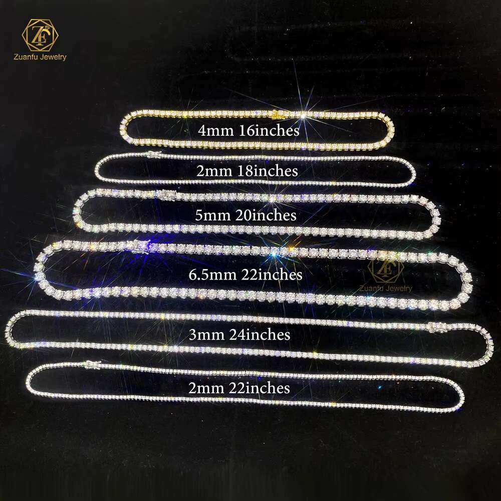 Hip Hop Style 2mm 3mm 4mm 5mm 6.5mm VVS Moissanite Tennis Chain Necklace 925 Silver Ice Jewelry for Women
