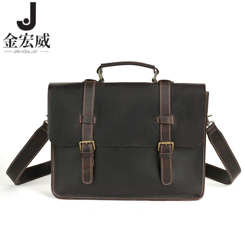 Crazy Horse Leather Men's Business Handheld Briefcase Top Layer Cowhide Single Shoulder Crossbody Large Capacity Laptop Bag