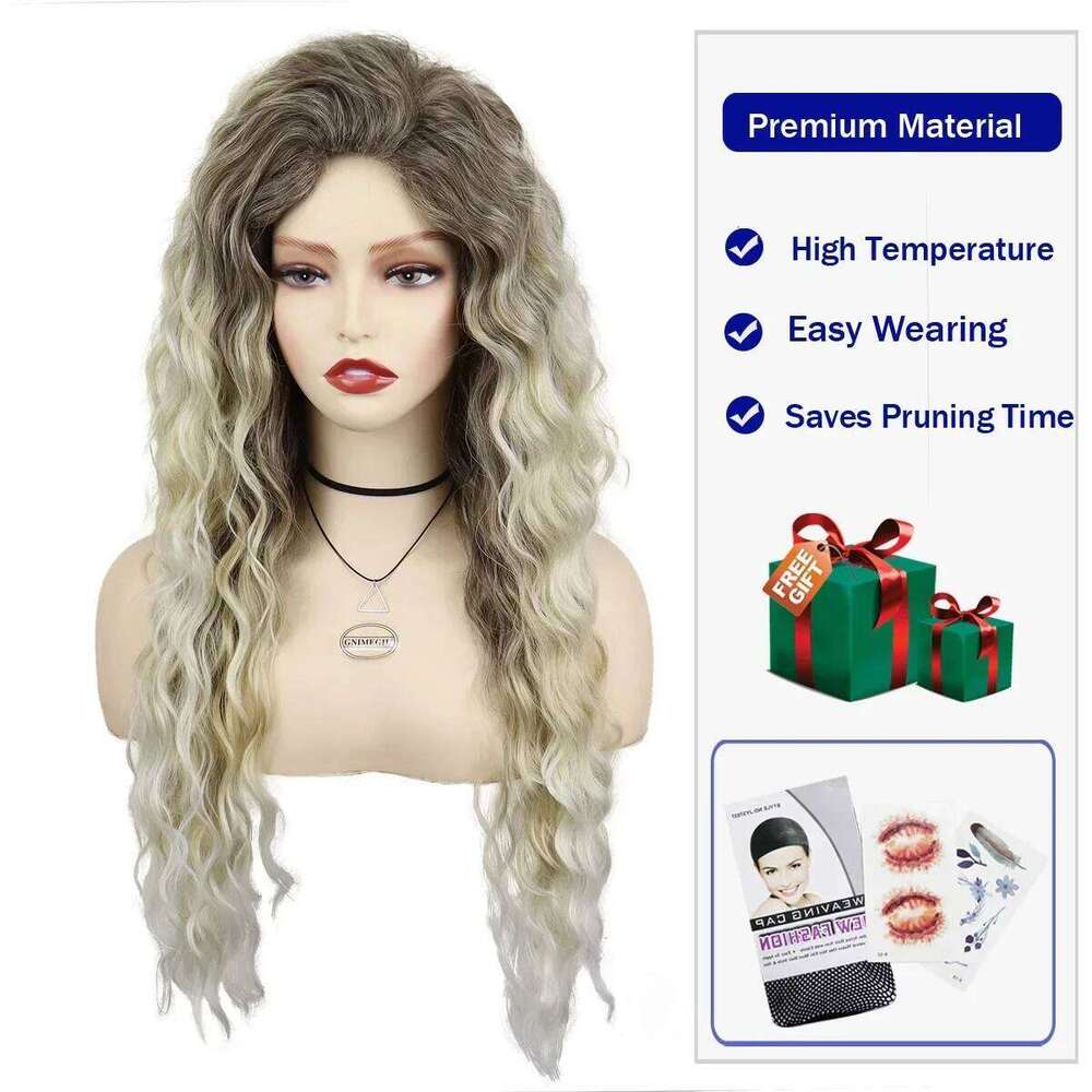 Synthetic Womens Long Hair Ash Blonde Curly Female Natural Wavy Drag Queen Regular Wig 80s Brown Ombre Wigs for Girls