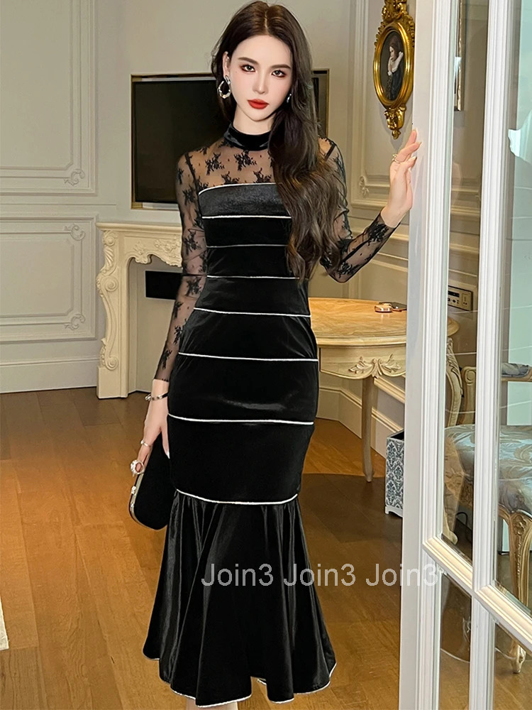 Vintage Gold Velvet Evening Long Dresses Elegant Pretty Womens Clothes Mujer Ladies Sheer Skinny Dress Vestidos Party Prom Robe