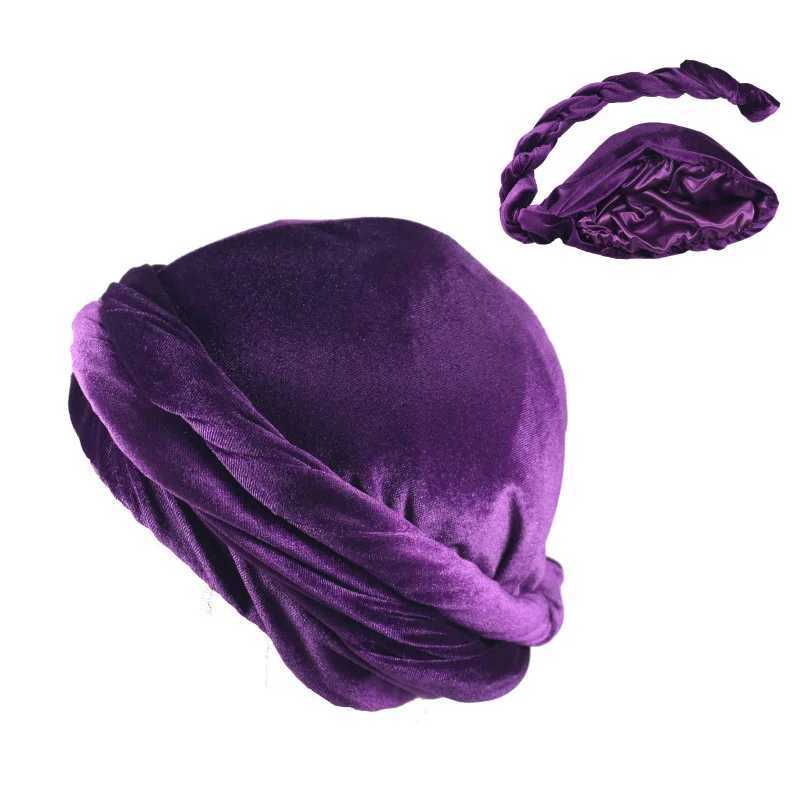 Solid Color Mens Velvet Head Scarf Ethnic Braided Double Layer Satin Inside Man Turban Hats Fashion Designer Silk Durag M250623