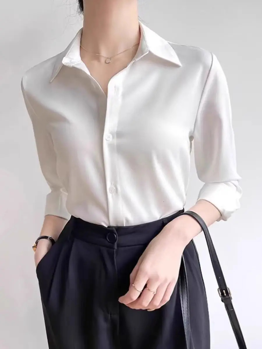 Simple Womens Satin Shirts Thin Spring Solid Color Long Sleeve Advanced Sense Top Office Elegant Ladies Work Wear Fashion 250617