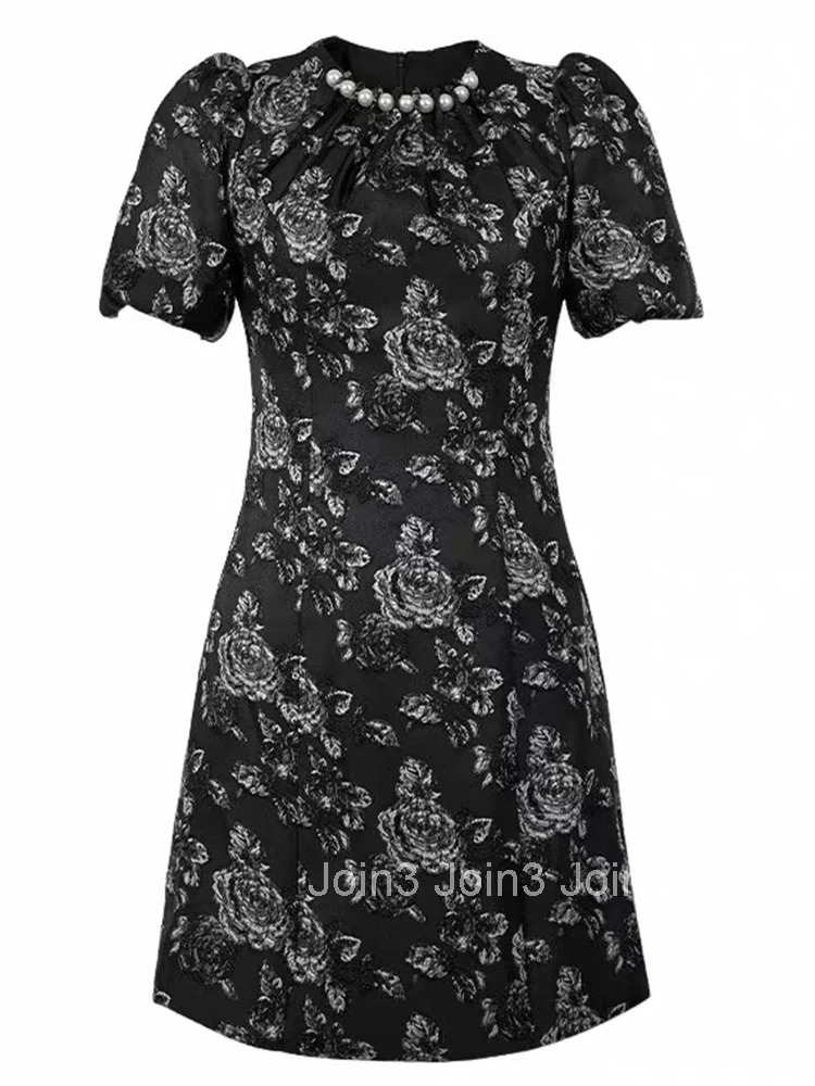 Summer Fashion Jacquard Elegant Luxury Retro O-Neck A-Line Dress Women Clothes Puff Sleeve Slim Short Party Prom Vestidos Fiesta