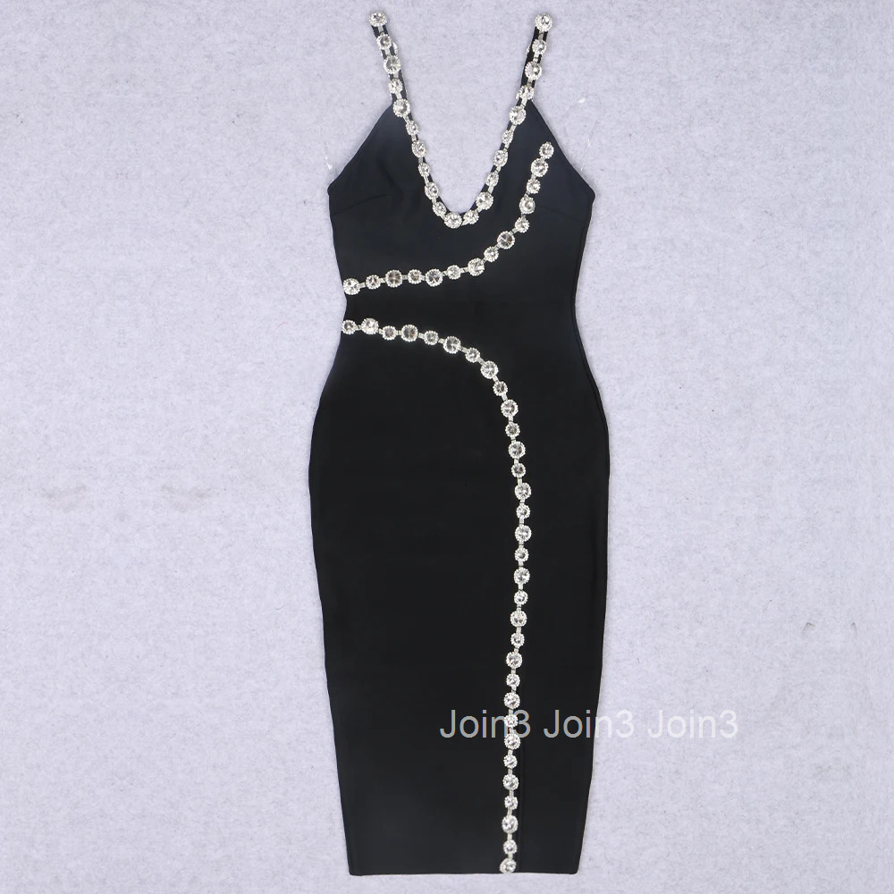 Newest Fashion Women Black Bodycon Bandage Dress Flash Diamond Embellished Spaghetti Strap Elegant Evening Party Red Carpet Gown