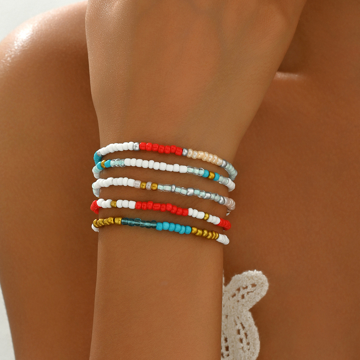 Minimalist Style Women's Beaded Personality Corful Seed Beads Design Five-Piece Bracelet Set
