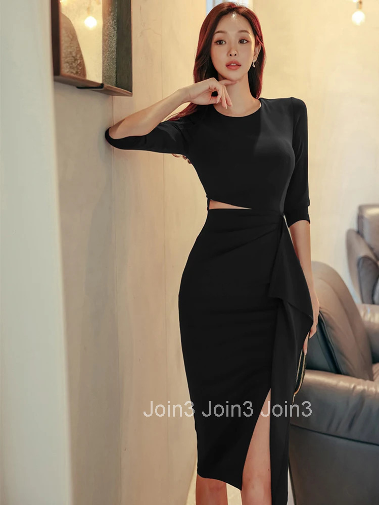 Spring Autumn Elegant Women Evening Dress Temperament Chic Solid Sexy O-Neck Hollow Slim Slit Midi Party Club Prom Mujer Vestido