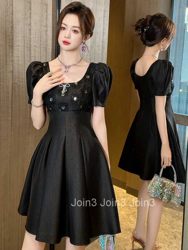 Summer Black Sequin Square Collar Gown Evening Dress Women Clothes Vintage Sweet Puff Sleeve Slim Short Party Club Prom Vestidos