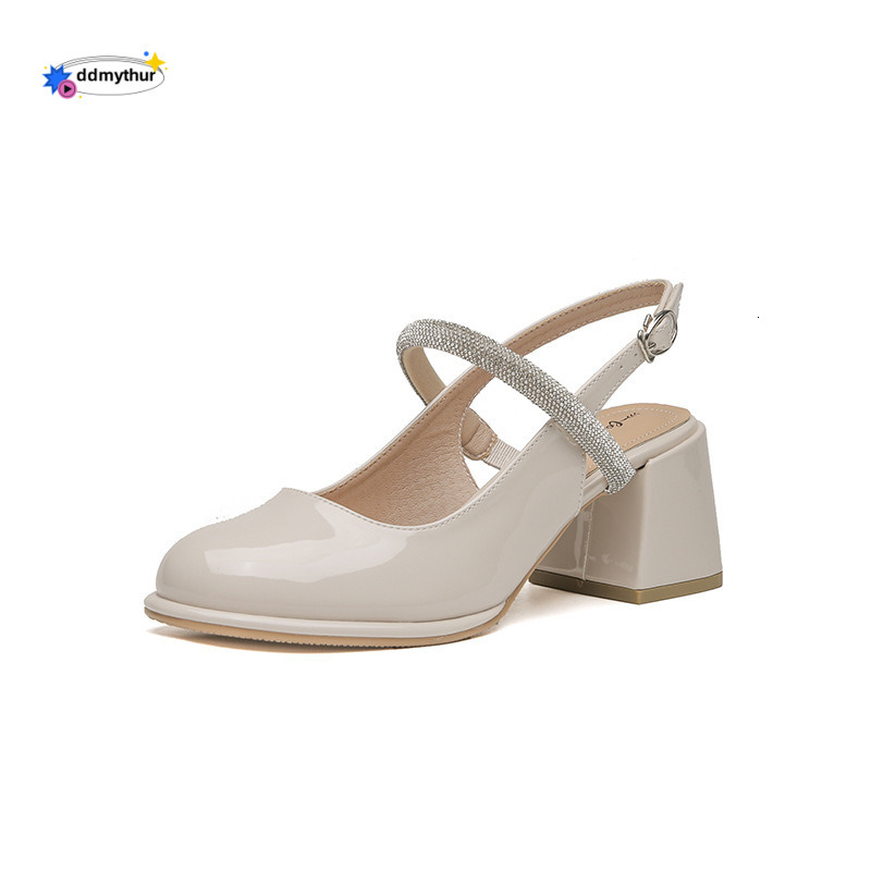 Backless French Style Peep Sandals for Women Summer 2024 New Square Toe Chunky Heel High Heels with Rhinestones Mary Jane Shoes ddmythur