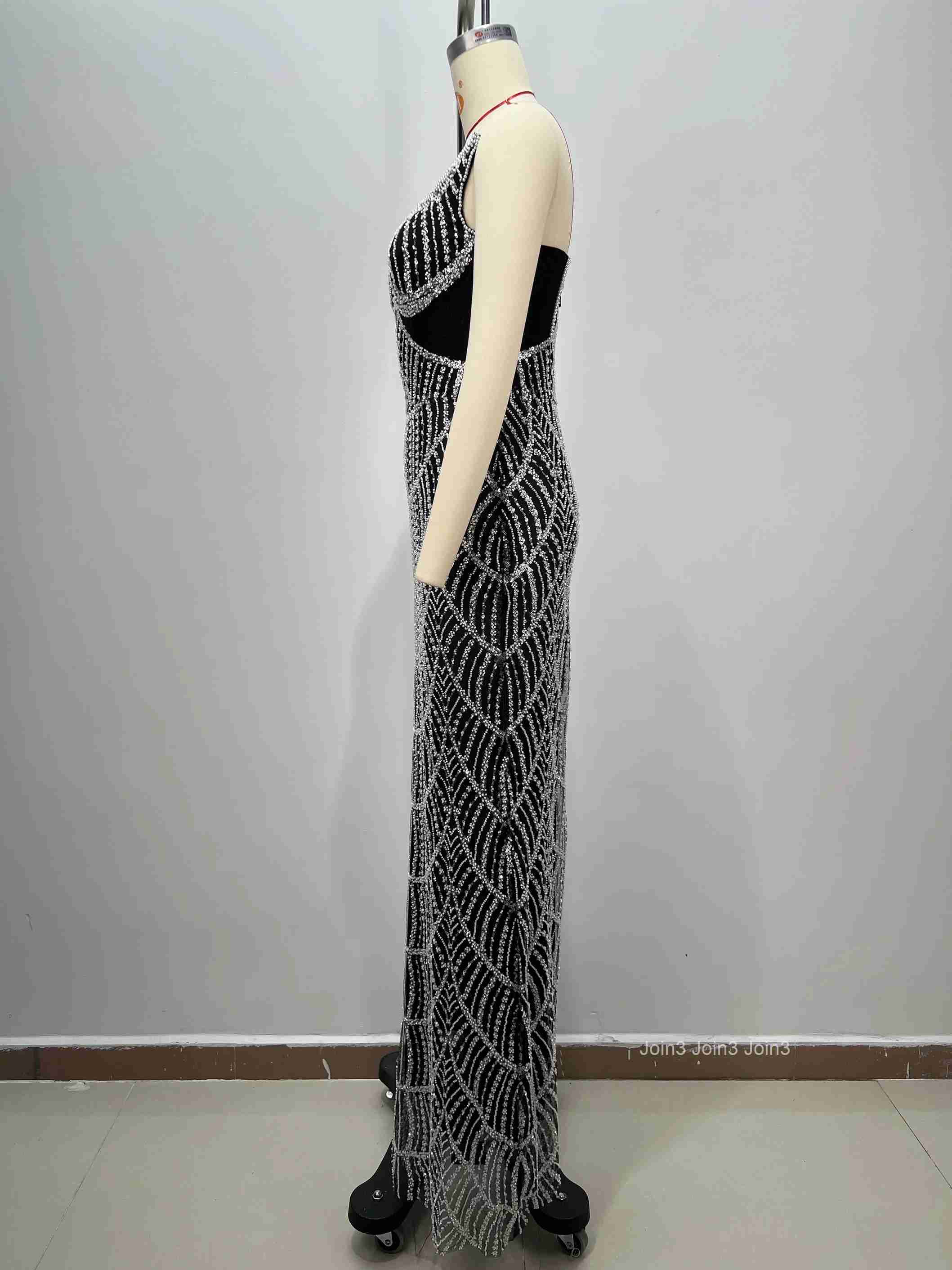 Sexy Backless Sheer Mesh Hollow-out Pearl Strapless Slim Long Evening Gown