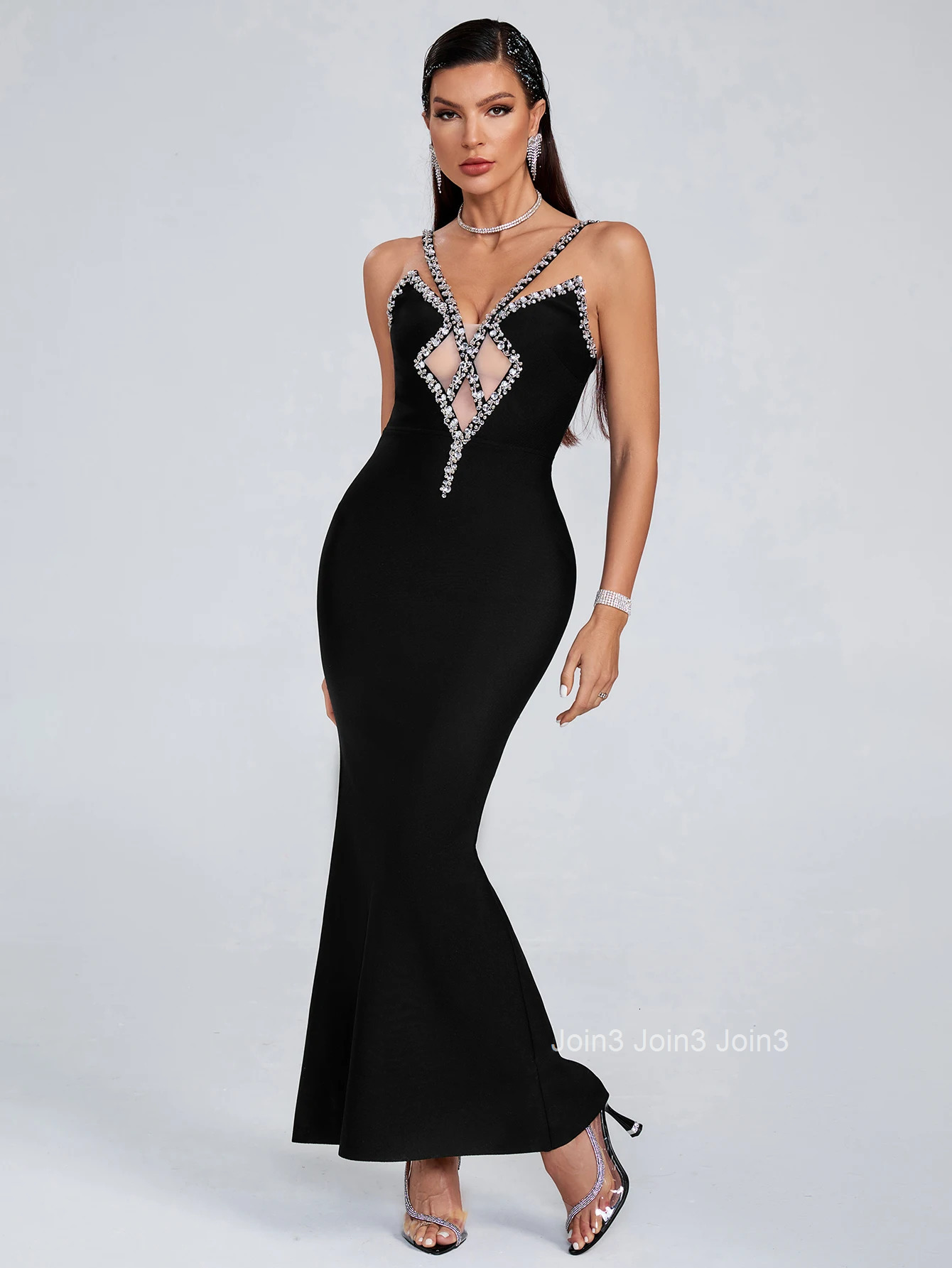 Chic Black Bandage Dress For Women Sexy Gauze Splicing Deep V-neck Backless Diamonds Gown Celebrity Vestidos Evening Party Wear