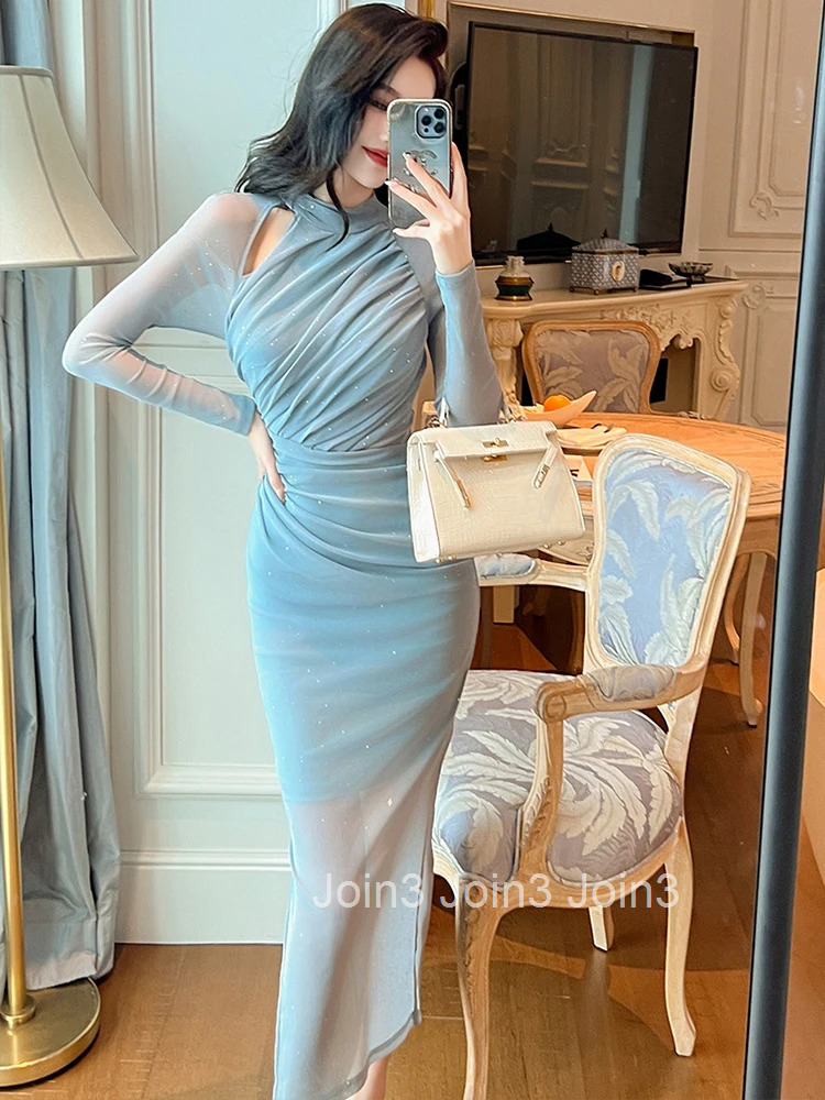 New Sparkly Evening Long Dresses Elegant Women Clothing Ladies Mujer Chic Hollow Skinny Elastic Long Party Prom Dress Robe Femme