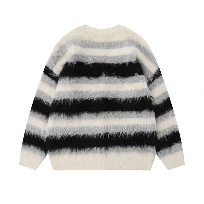 Striped Plush V-neck Sweater Men's Loose Casual Brushed Knit Trendy Couple Versatile Comfortable Haruku High Street Cardigan