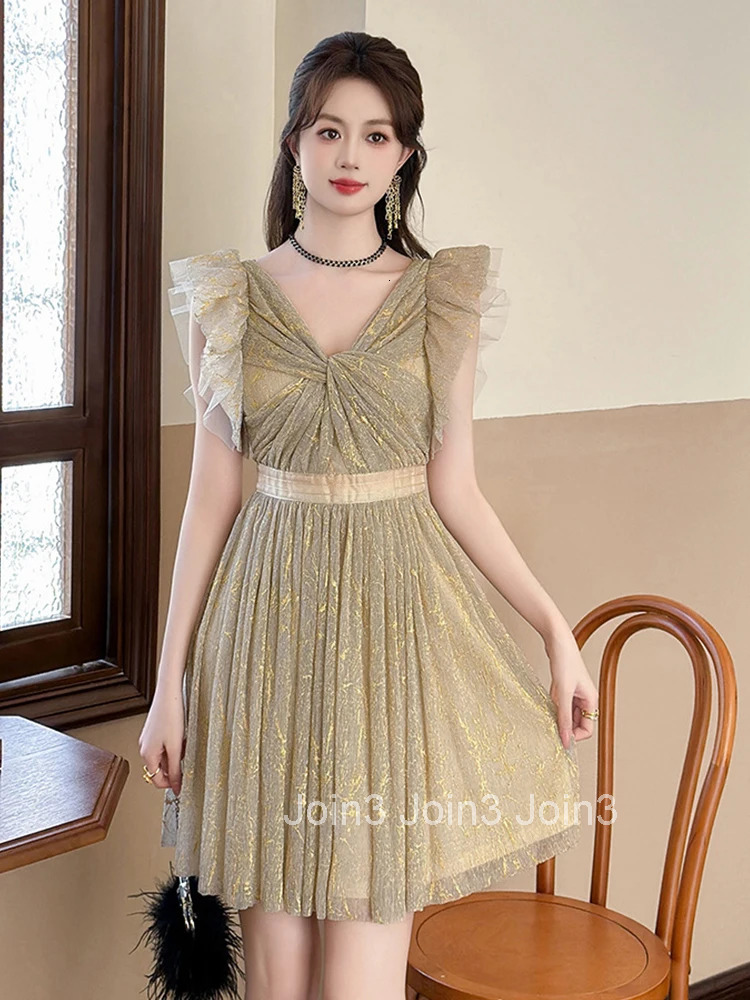 New Summer French Flying Sleeve Ruffle Mesh Fairy Evening Dress Women Clothes Sweet Sexy V-Neck Slim A-Line Party Prom Vestidos