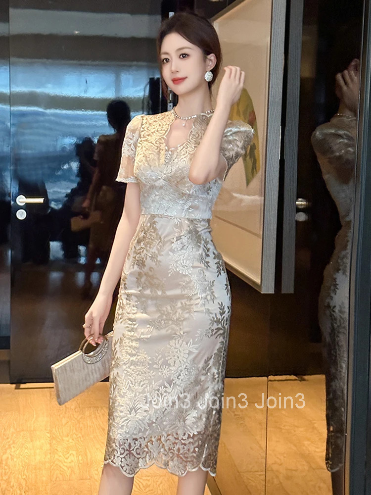 Summer Fashion Lace Embroidery Floral Dress Women Clothes Elegant Sweet V-Neck Short Sleeve Slim Midi Party Prom Vestidos Fiesta