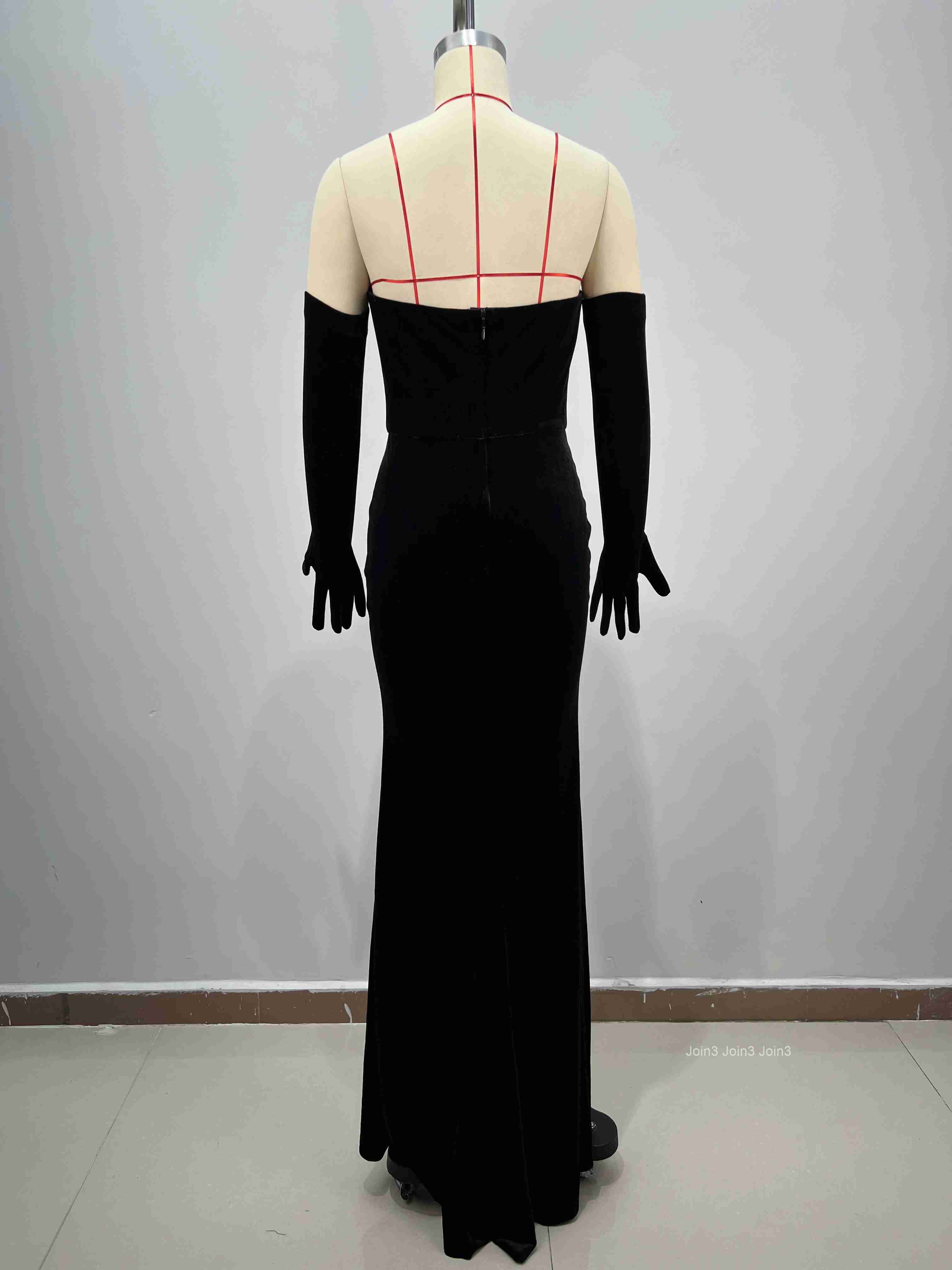 Womens Black Velvet Bandage Dress Gold Embroidered Strapless Backless Mermaid Gown Fishtail Evening Party Dress