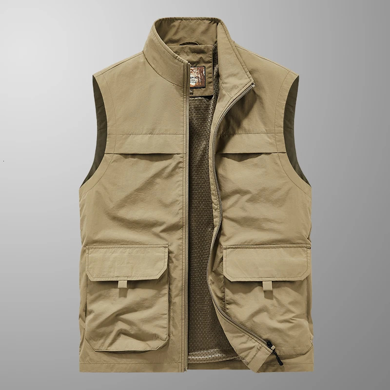 Mens Outdoor Multi-Pocket Open Cardigan Collared Vest Pure Color Simple Sleeveless Shoulder Pad Fishing Vest Top Sport Vest 250617