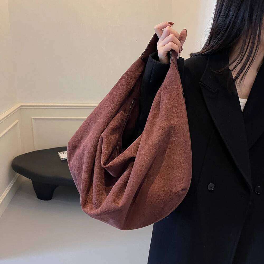 Women Suede Shoulder With Zipper Tote Large Capacity Underarm Bag Handbag For Work Travel